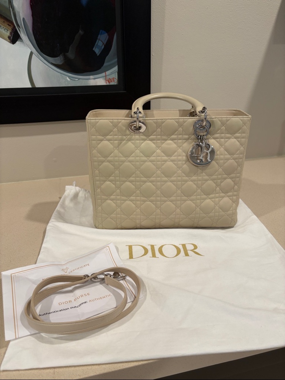 Large Lady Dior Cream Cannage Quilted Bag with Silver Hardware in Excellent cond